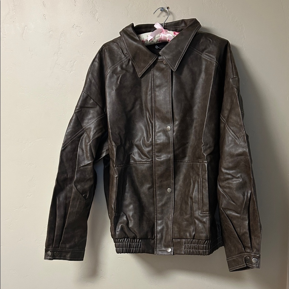 Classic Women's Dark Brown Faux Leather Jacket with Collared Neck